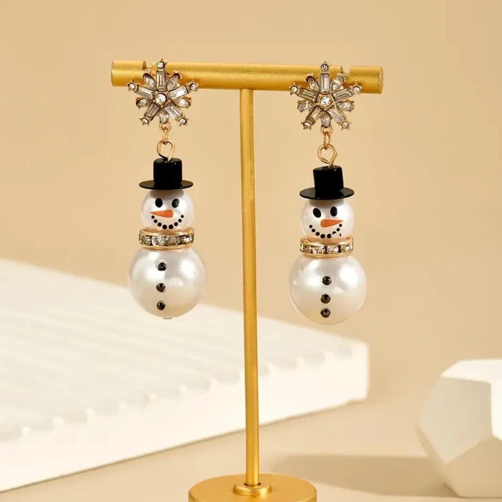 Snowflake Snowman Earrings w/ Sparkling Rhinestones & Lustrous Pearls - NEW